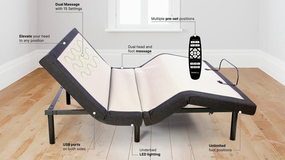 The best adjustable bed base offers features such as built in LED lighting, zero gravity positions, a back lit remote control, massage features, and USB ports on both sides.
