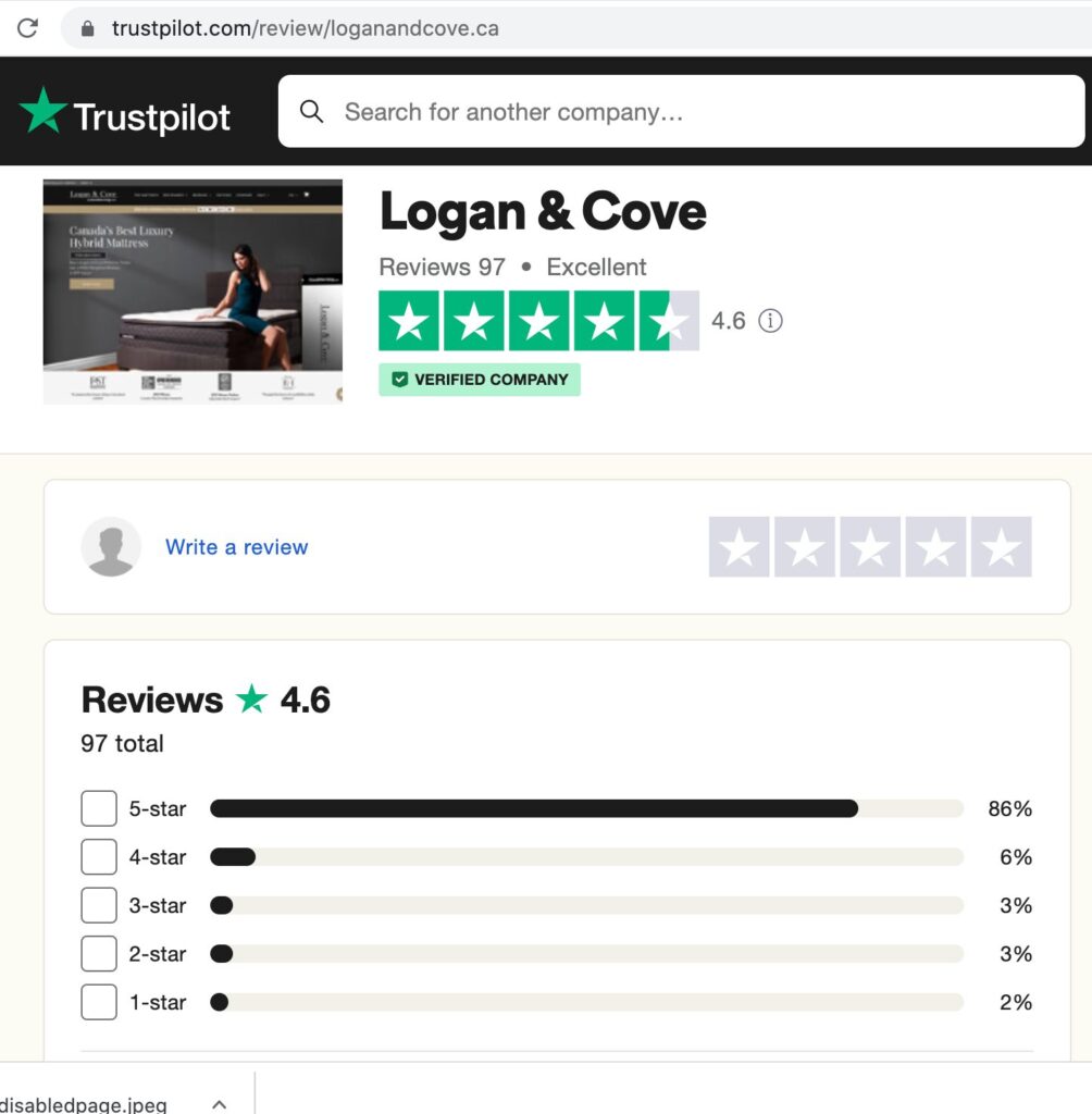 image showing a logan and cove review scorecard from trustpilot showing a rating of 4.6 for comfort and support