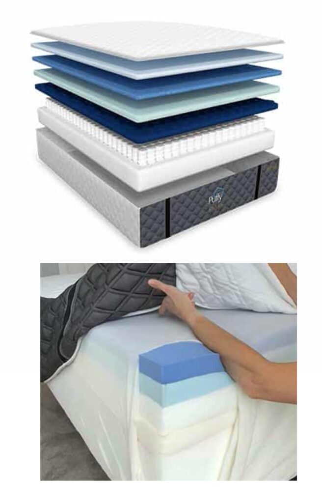 puffy royal mattress review photo shows the interior layer construction, with each layer distinguishable by color, including memory foam, cooling foam, a pocket coil suspension, and a quilted outer encasement covering
