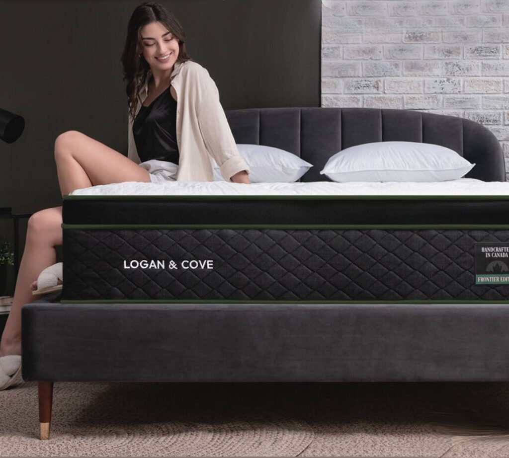 The best mattress in Canada page on www.themattressbuyerguide.com, showing a model sitting on the edge of a mattress