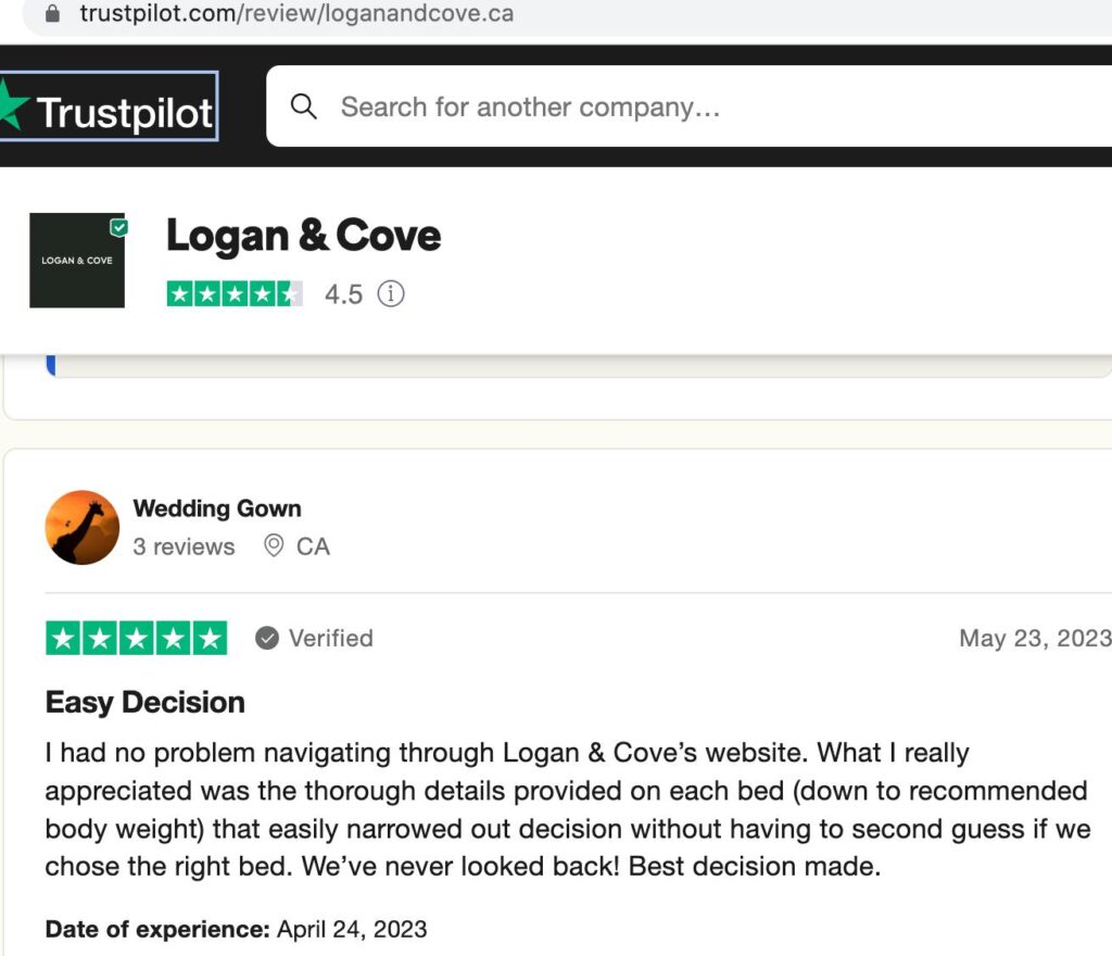Trustpilot review screenshot showing rating of the Logan And Cove Hybrid Mattress which reeived a 5.0 rating.