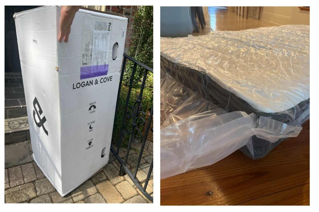 The Logan And Cove Choice Mattress inside the original shipping box, and just after removing it, showing the mattress in a vacuum sealed bag.