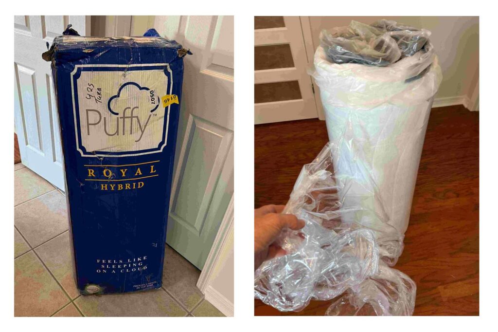 Two pictures depicting the Puffy Royal Mattress. First the unopened shipping box at my sleep lab with some scuffing and no damage, and the vacuum packaged mattress removed from the box.