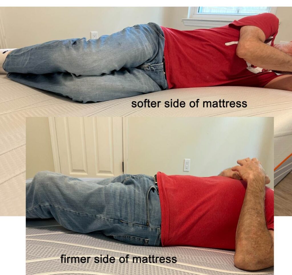 photo showing the soft and firm side of the The Snooze Flip Mattress with Marc lying on his side to show immersion.