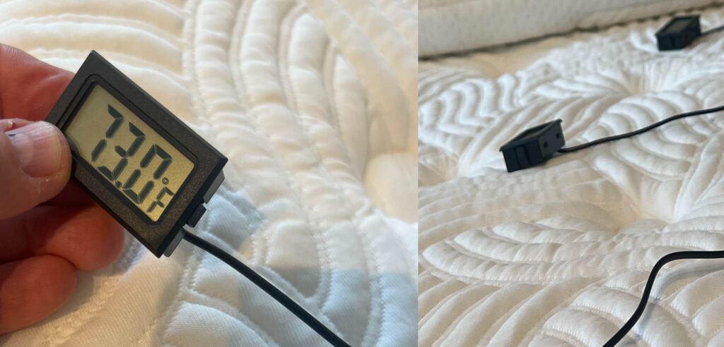 Temperature Probes used in Nolah Evolution Mattress review showed 73F as initial surface temperature. After 30 minutes of test subject lying on back, surface temperature measured 78F. Very little increase,likely due to breathability of pillow top area of mattress.