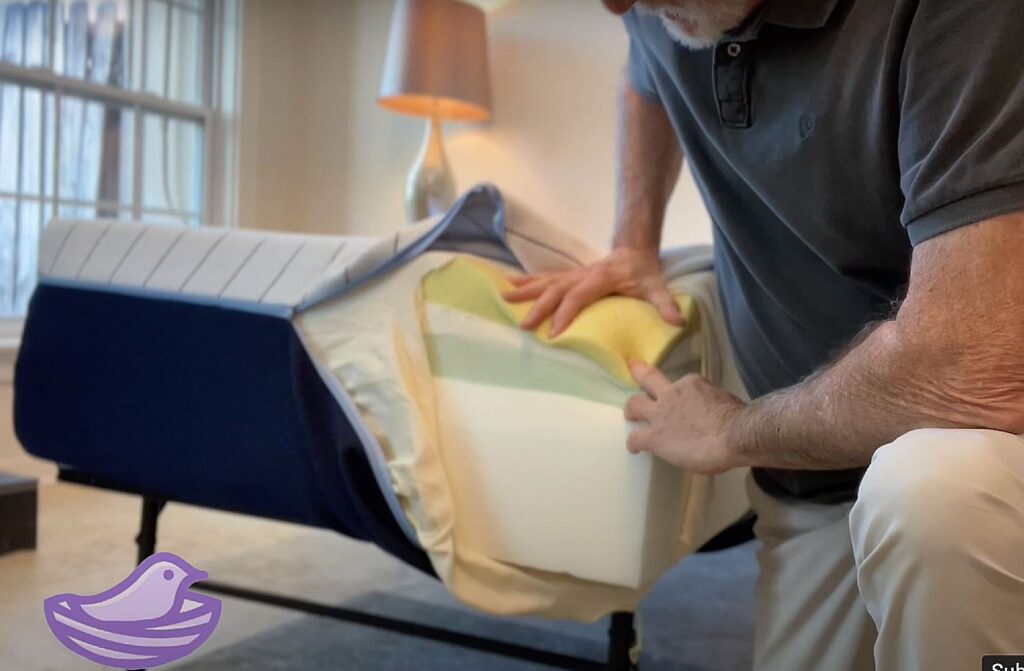 The Octave Horizon Mattress is 14" thick, with 8" of memory foam and ventilating poly foam near the top. The 6"  32ILD density white support layer keeps your hips and shoulders from settling in the middle.
