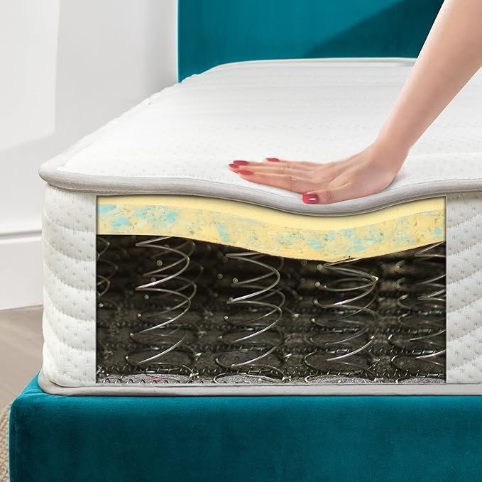 The best mattress on Amazon will typically be an all foam mattress, or a hybrid mattress, shown here, that combines an innerspring unit with foam layer stacked on top. This mattress also has a pillowtop section, which provides additional comfort, especially when sleeping on your side.