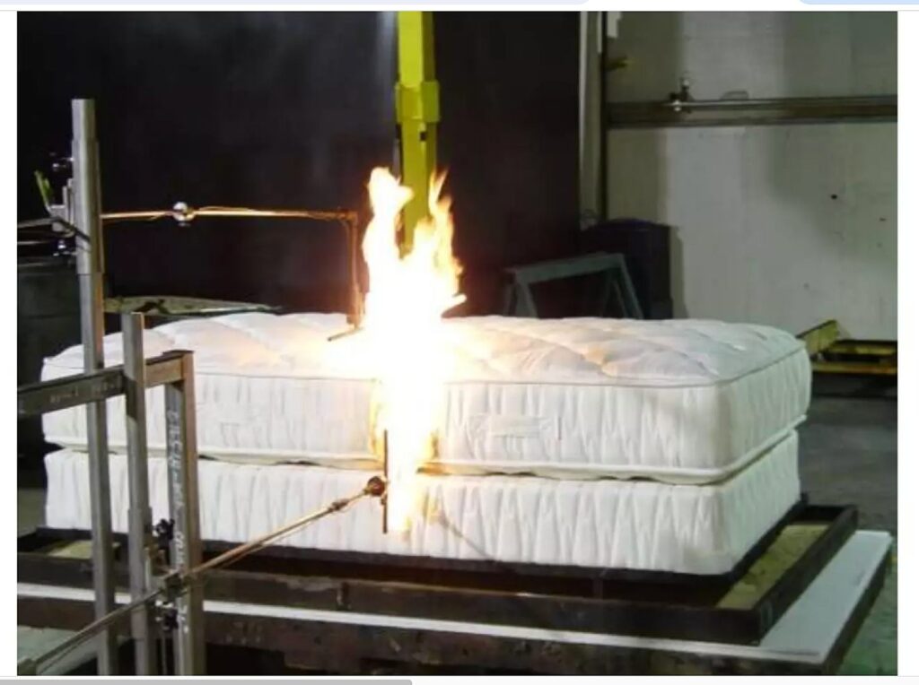 Mattress burn test. Many materials are used for fire barriers, and you can purchase a mattress without fiberglass, made with non -toxic materials.
